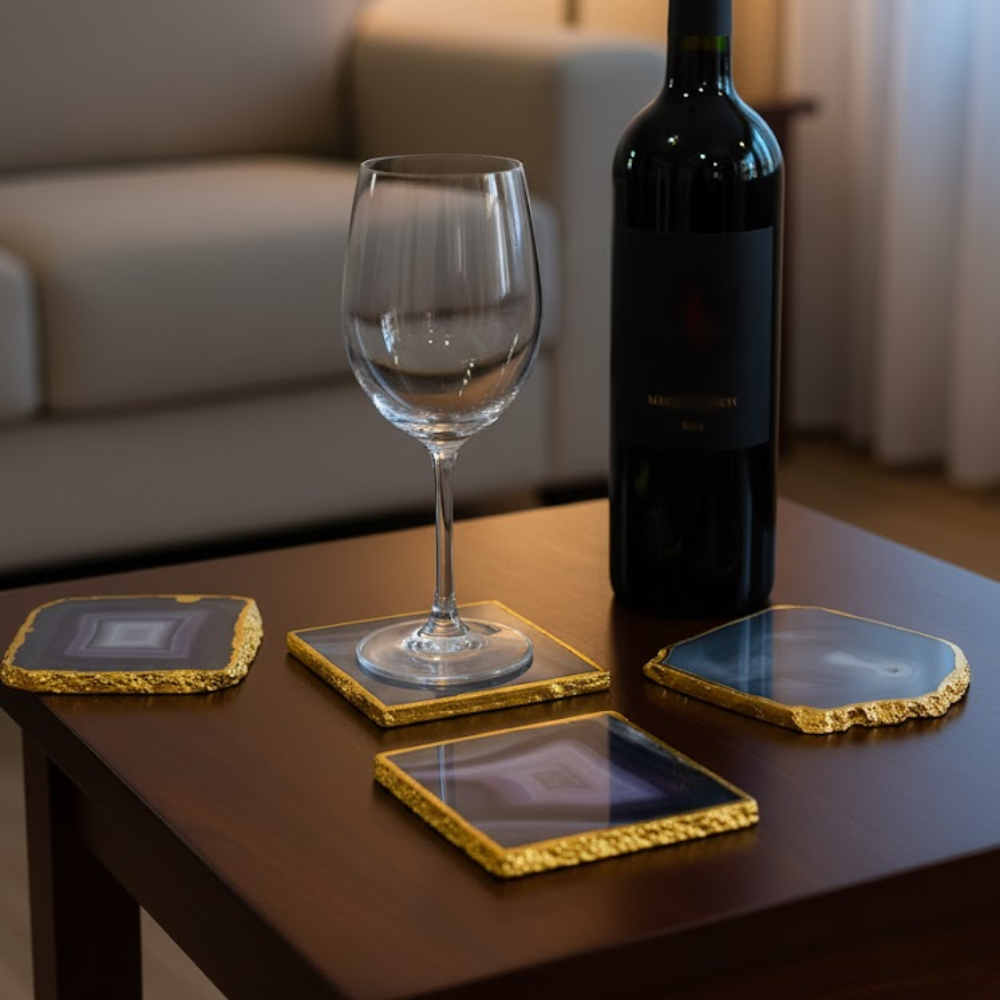 Golden Rimmed Agate Purple Coasters (Set of 4) – Luxury Natural Stone Coasters with Gold Detailing