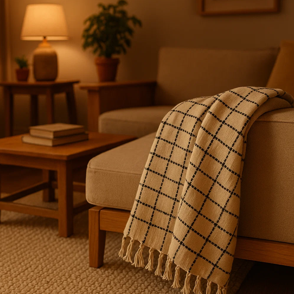 Neutral Checkered Cotton Throw with Tassels – Handwoven