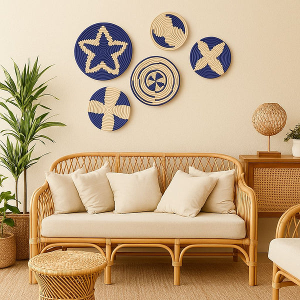 Indigo Sabai Grass Wall Plates | Handwoven Set of 5 Boho Decor