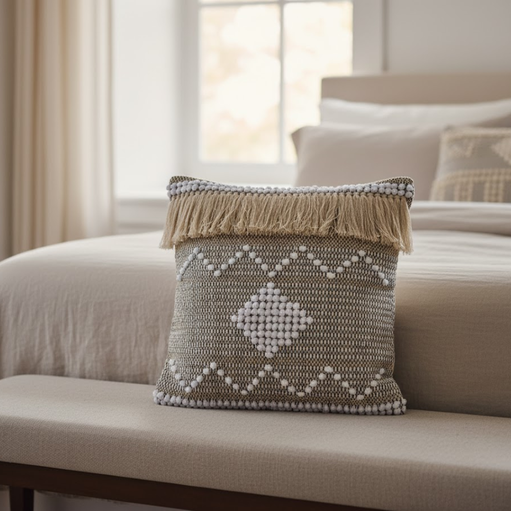 Ivory Accents Cotton Cushion Cover – Handwoven Grey Sofa Cushion Cover with Concealed Zip