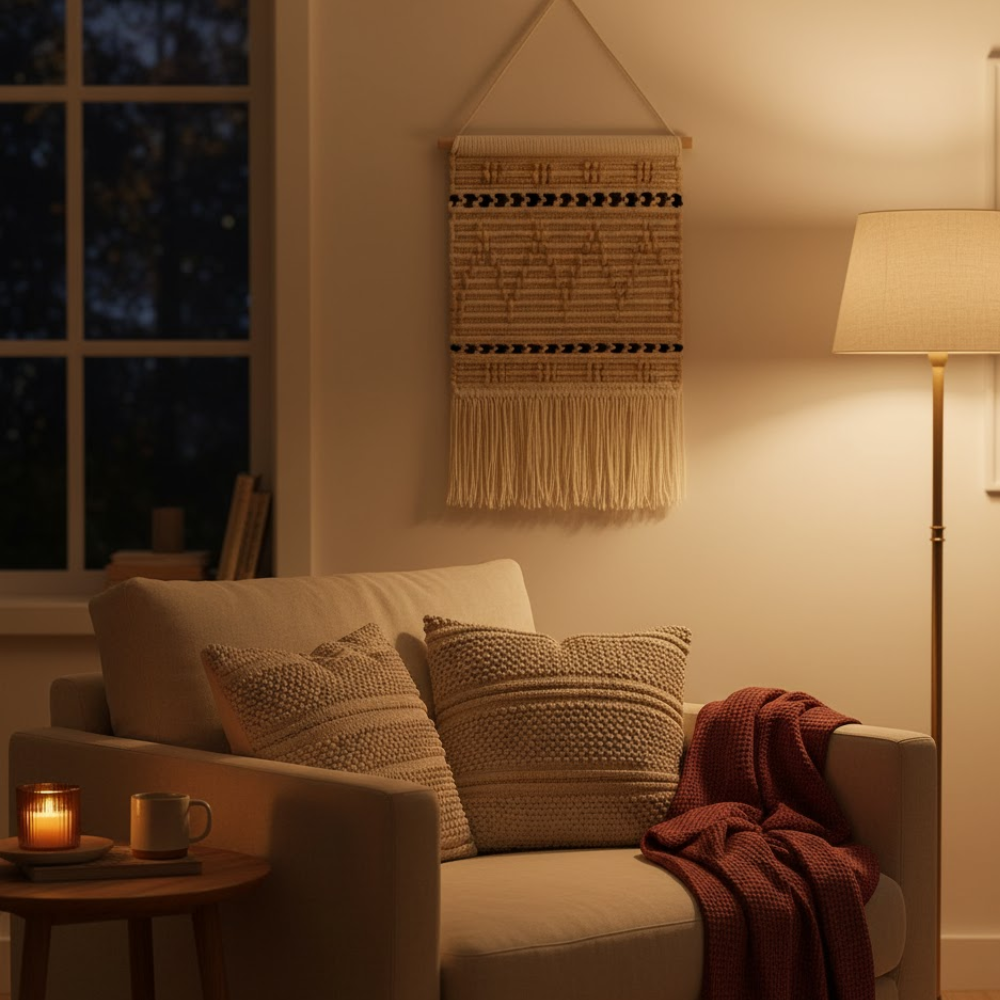 Sandy Chevron Boho Wall Hanging – Handwoven Wool & Cotton Decorative Wall Hanging