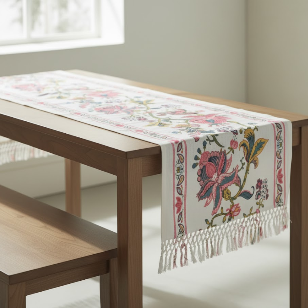 Floral Printed Cotton Table Runner with Tassels – Handwoven Artisan Dining Table Décor