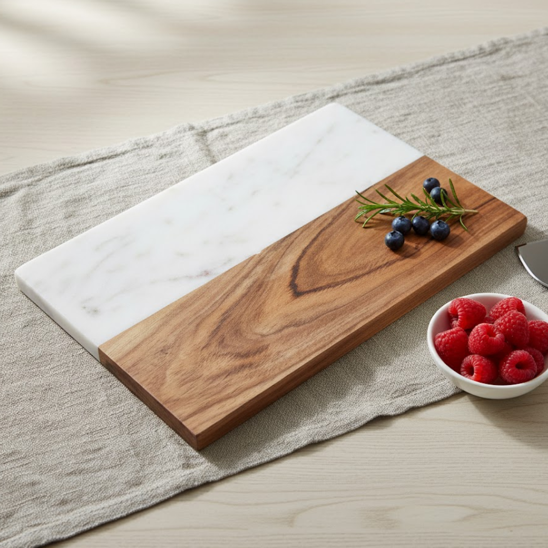 Acacia Wood & White Marble Colorblock Chopping Board