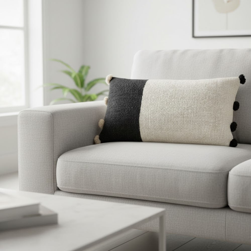 Colorblock Lumbar Cotton Cushion Cover – Handwoven White Sofa Cushion Cover with Concealed Zip (20x12 in)