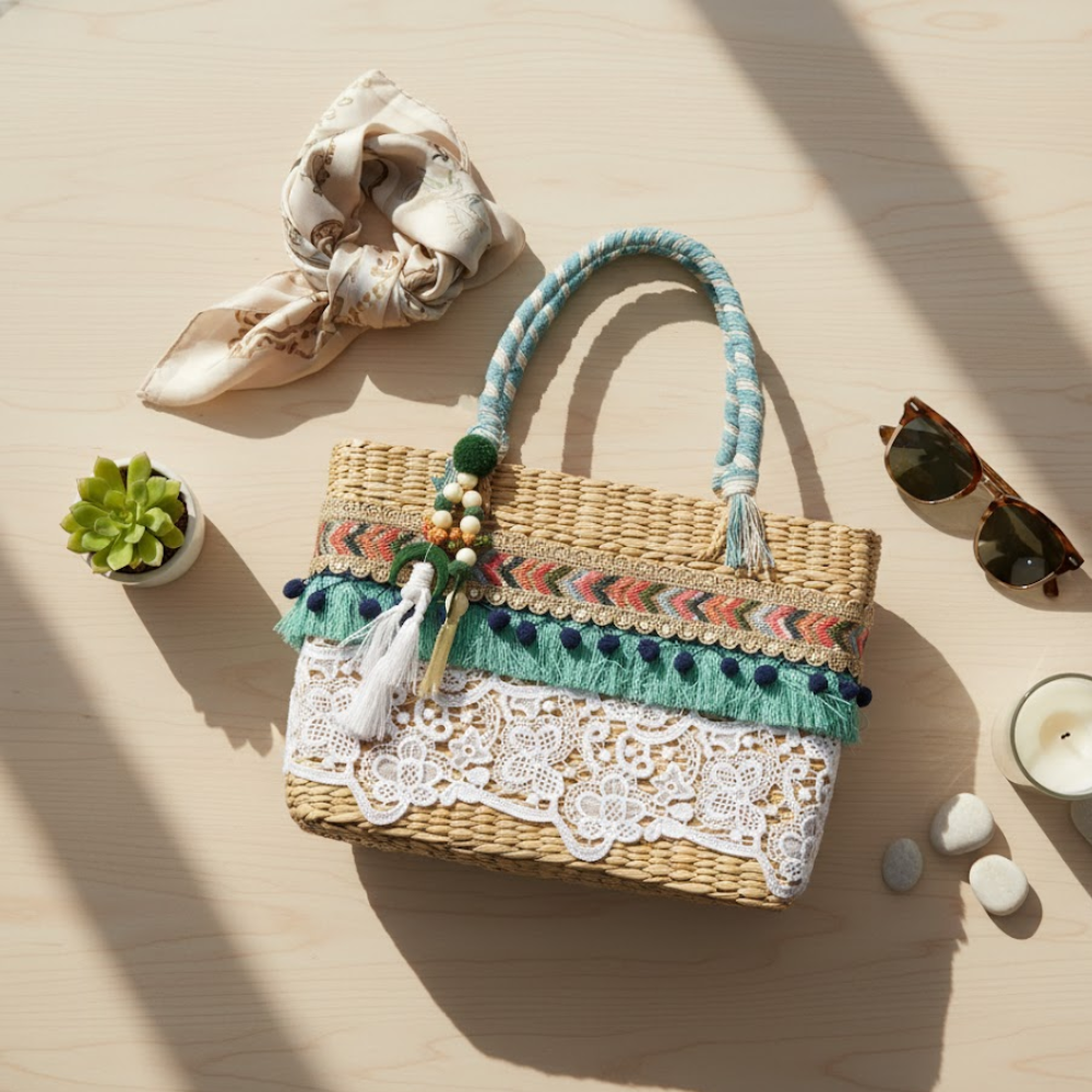 Lace Work Basket Woven Cane Turquoise Handbag – Handcrafted Eco-Friendly Cane Basket Bag