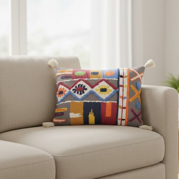 Embroidered Tasseled Lumbar Cushion Cover | Handcrafted Cotton Boho Decor