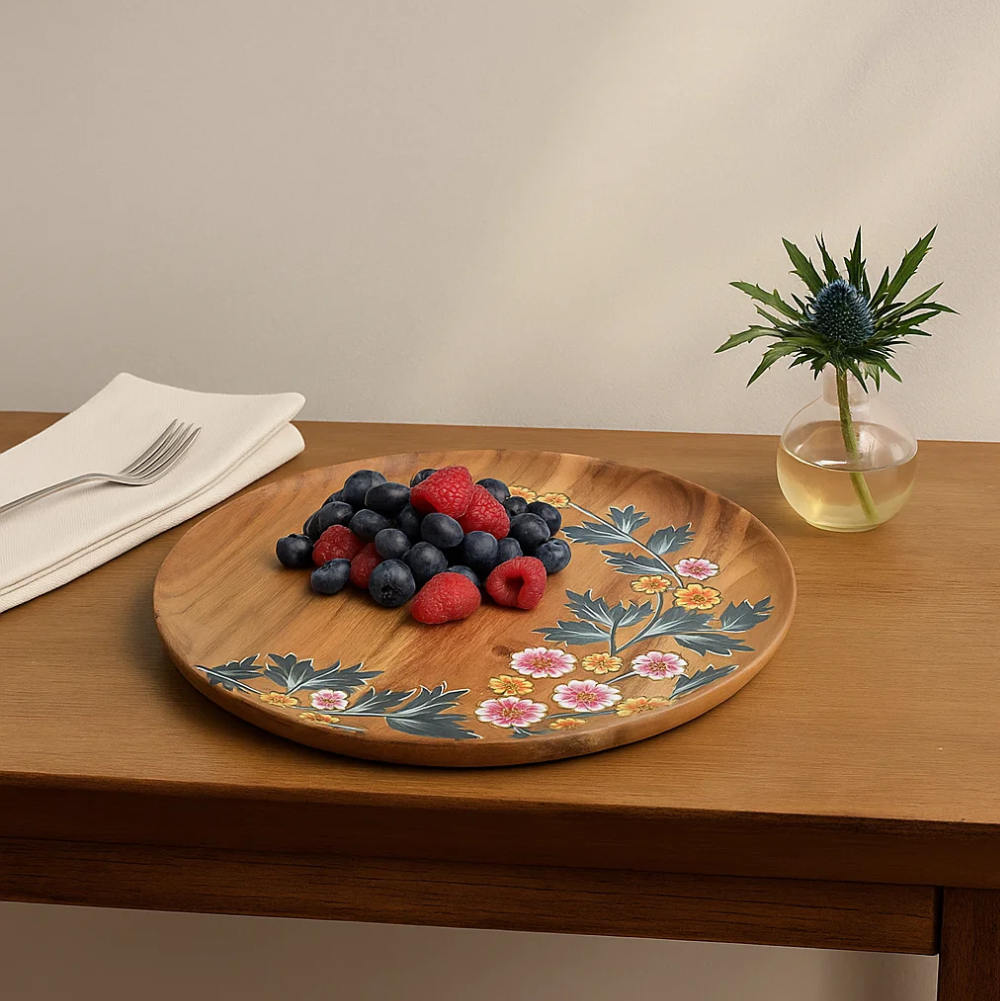 Floral Hand Printed Acacia Wood Plate