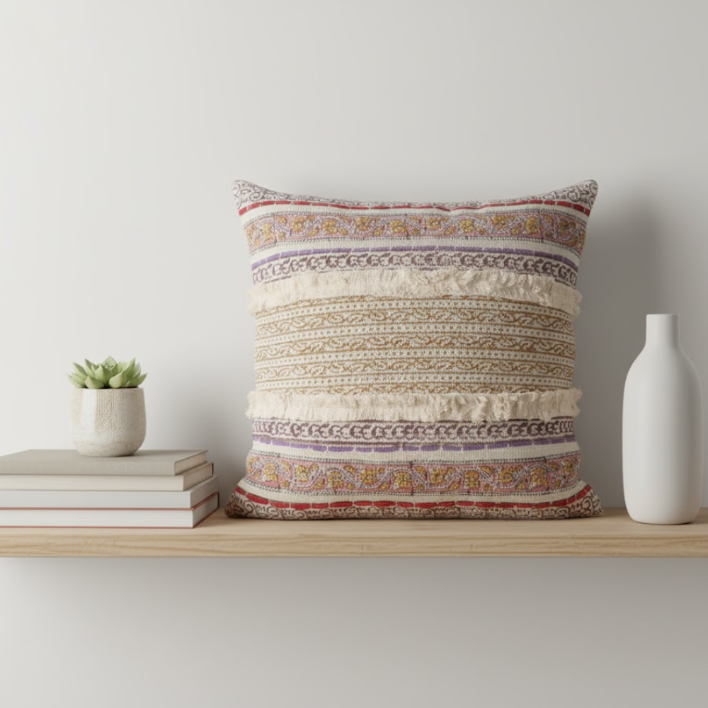 Block Printed Cotton Striped Motifs Cotton Cushion Cover – Handcrafted Embroidered Cushion Cover