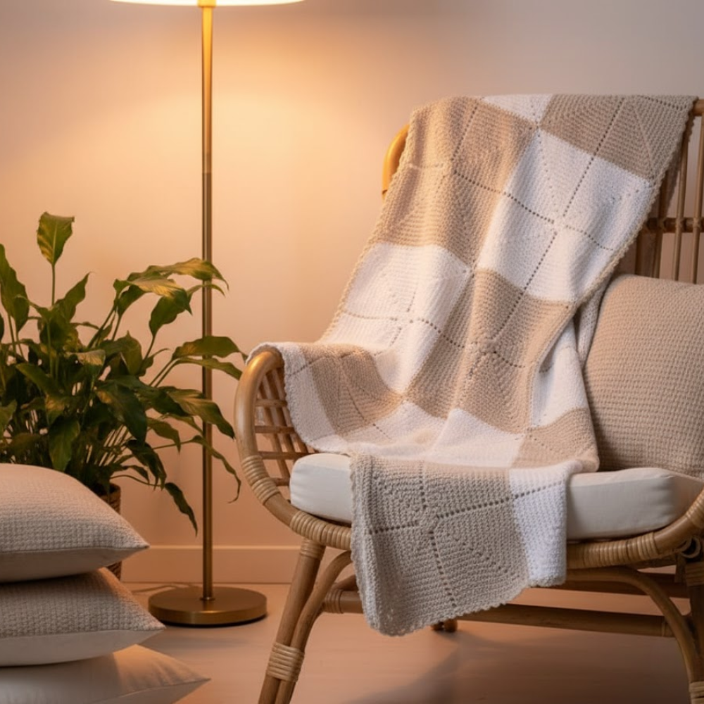 Soft Cotton Crochet Throw – Handmade Chess Squares
