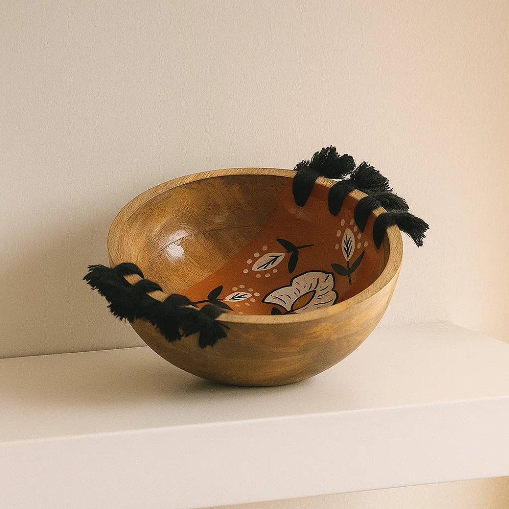 Enamelled Floral Tasseled Wooden Serving Bowl
