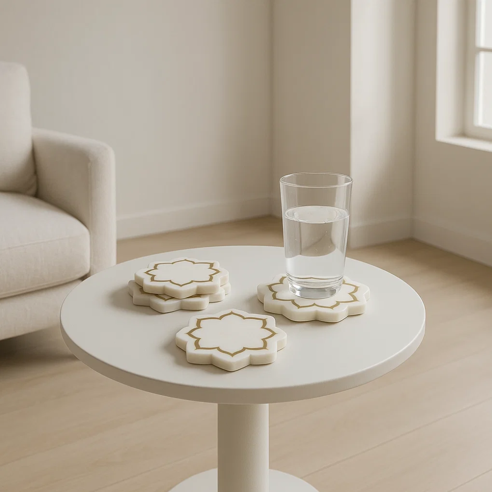 Inlaid Marble Mughal Blossom Coasters – Set of 4 Handcrafted