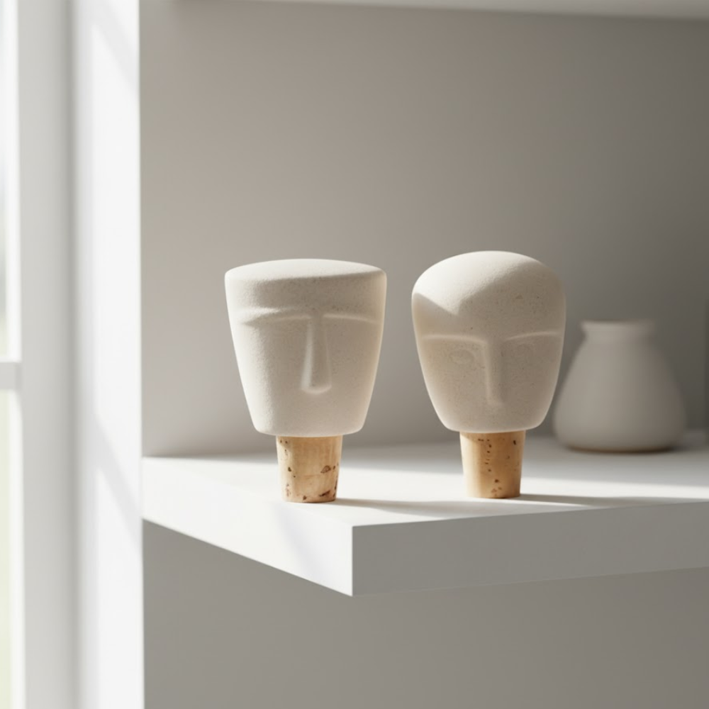 Sculpted Faces Ceramic Bottle Stoppers (Set of 2) – Artisan Ceramic Barware with Hand-Sculpted Face Motifs