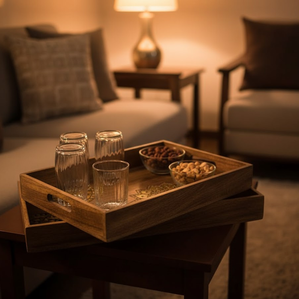 Wooden Serving Trays Set | Handcrafted Solid Wood Set of 2