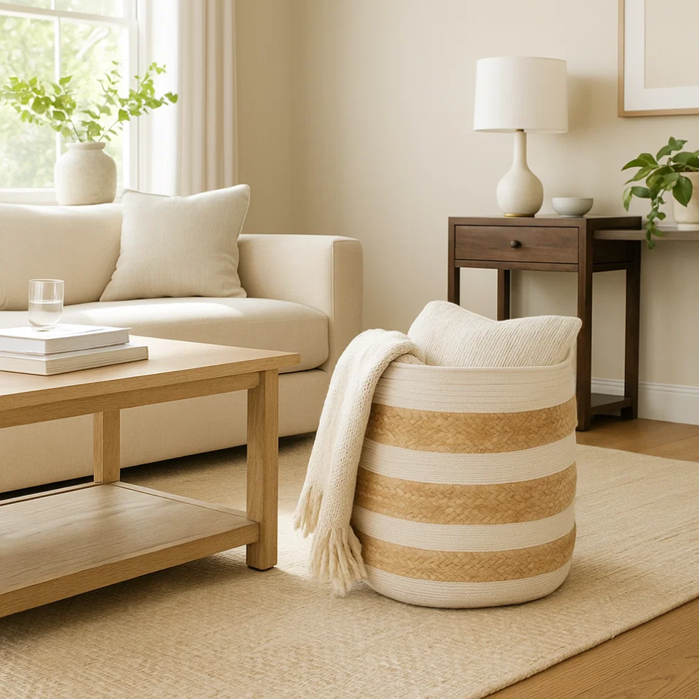 Hand Braided Monochrome Jute & Cotton Basket