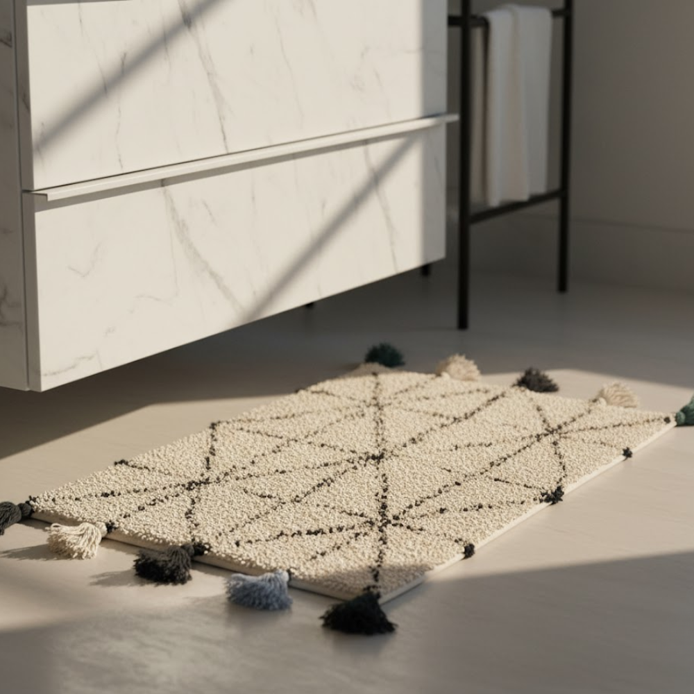 Tufted & Tasseled Geometric Cotton Bath Mat – Handwoven
