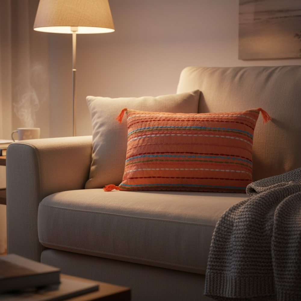 Striped & Tasseled Slub Coral Lumbar Cotton Cushion Cover – Hand-Embroidered Sofa Cushion Cover