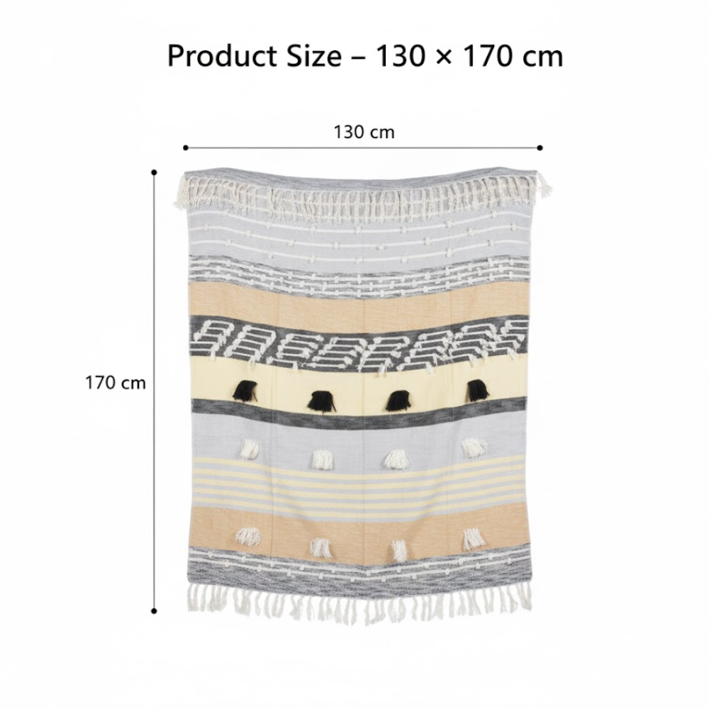 Statement Paneled Handloom Cotton & Wool Throw with Tassels