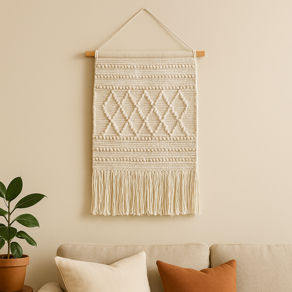 Cream Wool and Cotton Wall Hanging | Handwoven Fringe Boho Decor