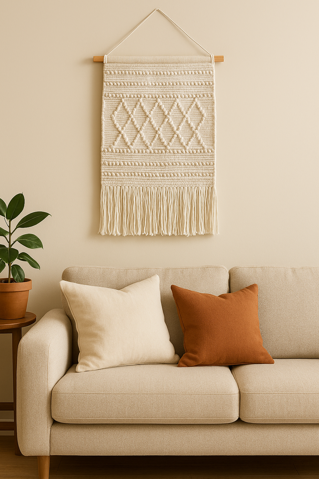 Cream woolen wall hanging with fringe – handmade boho wall decor for living room, bedroom, or hallway interior
