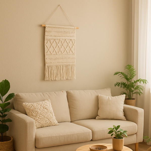 Cream Wool and Cotton Wall Hanging | Handwoven Fringe Boho Decor