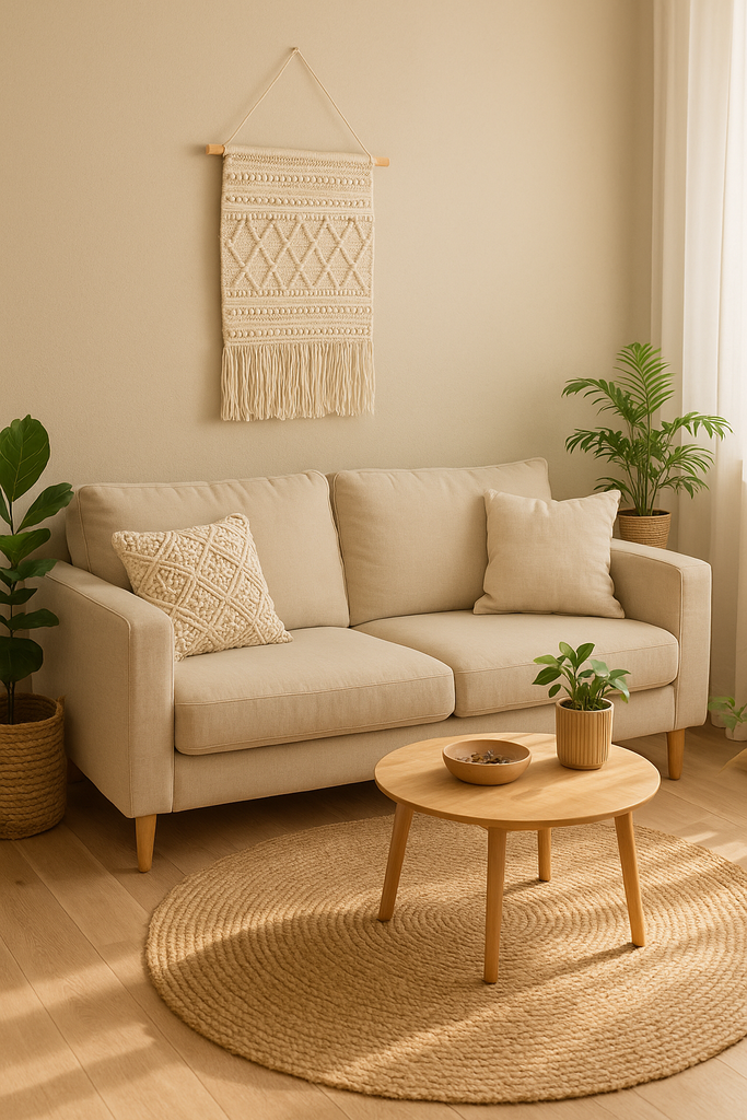 Cream woolen wall hanging with fringe – handmade boho wall decor for living room, bedroom, or hallway interior
