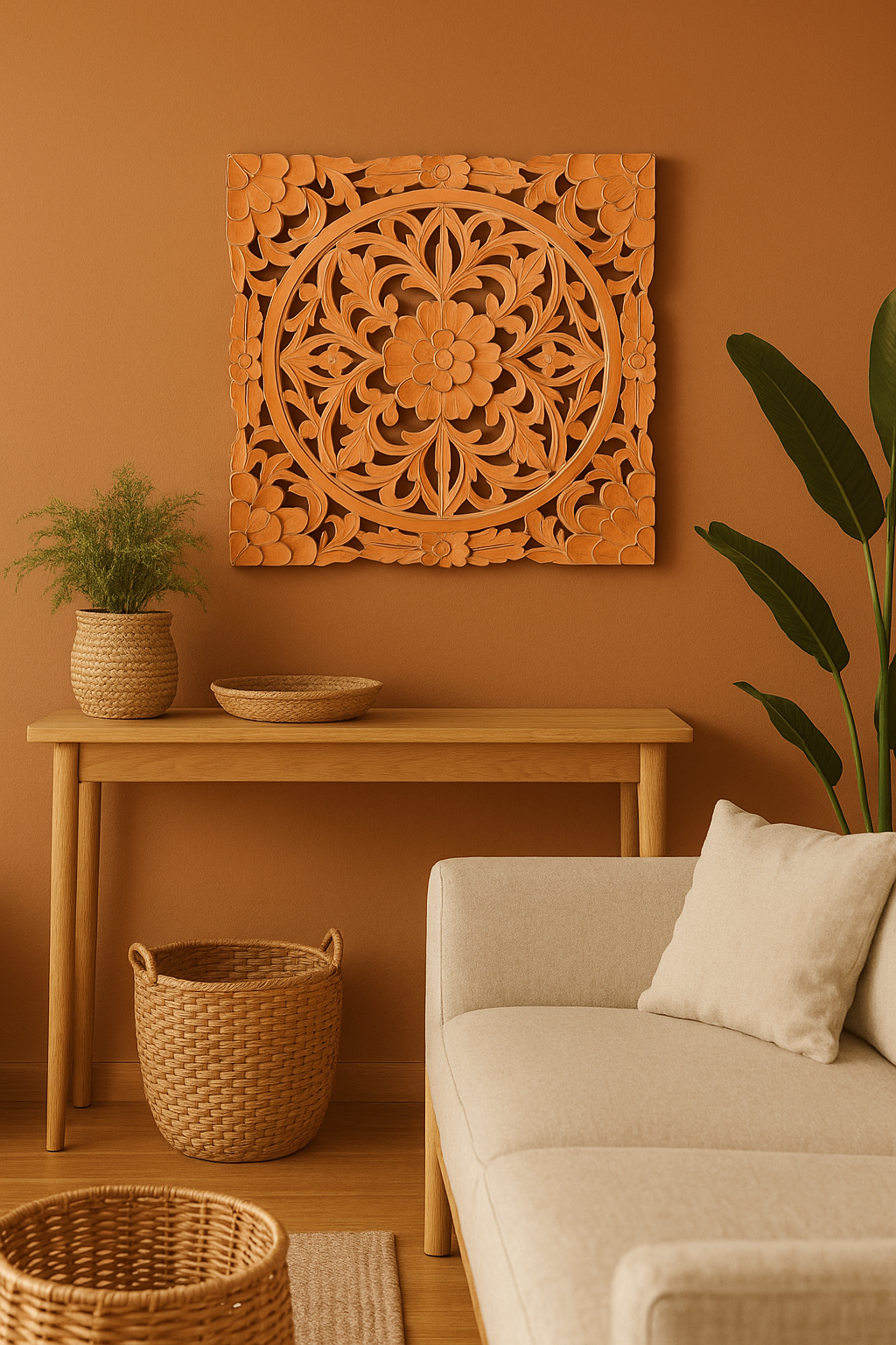 Tangerine medallion wall plaque with carved floral design – vibrant boho wall art for bedroom, hallway, or gallery wall