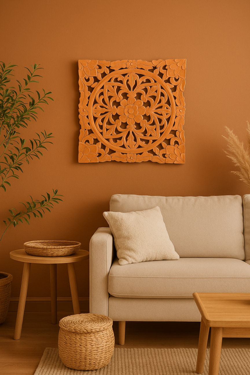 Tangerine medallion wall plaque with carved floral design – vibrant boho wall art for bedroom, hallway, or gallery wall