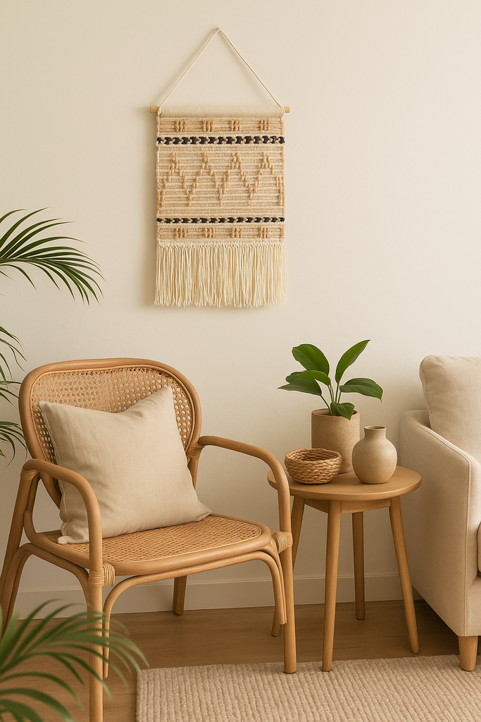 Beige sandy chevron wall hanging with fringe – handwoven wool and cotton boho wall decor for bedroom or living room

