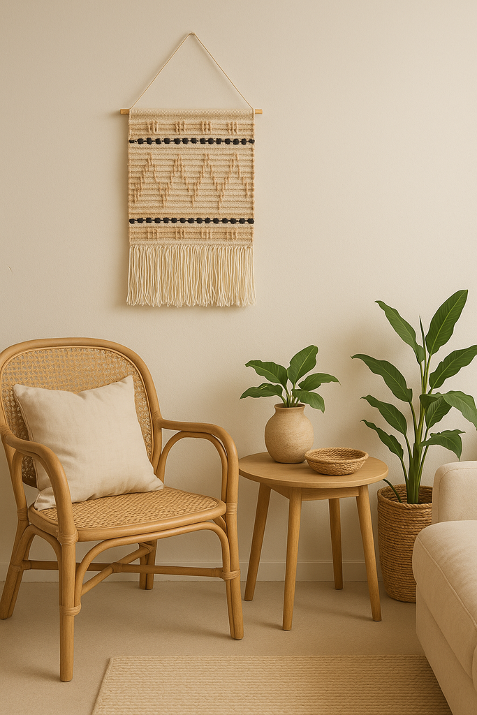 Beige sandy chevron wall hanging with fringe – handwoven wool and cotton boho wall decor for bedroom or living room


