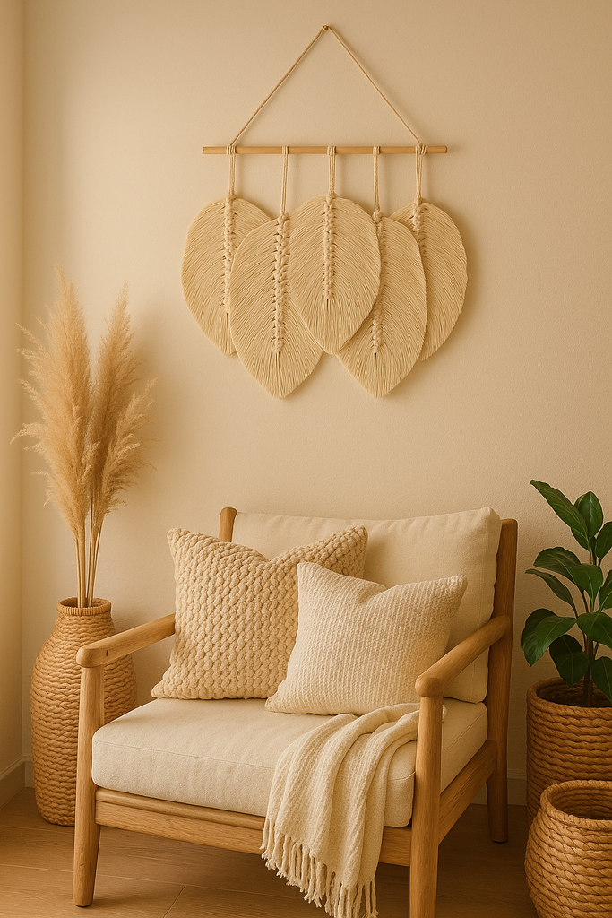 Feathered macrame wall hanging with leaf-shaped knots – handmade boho cotton decor for bedroom or living room


