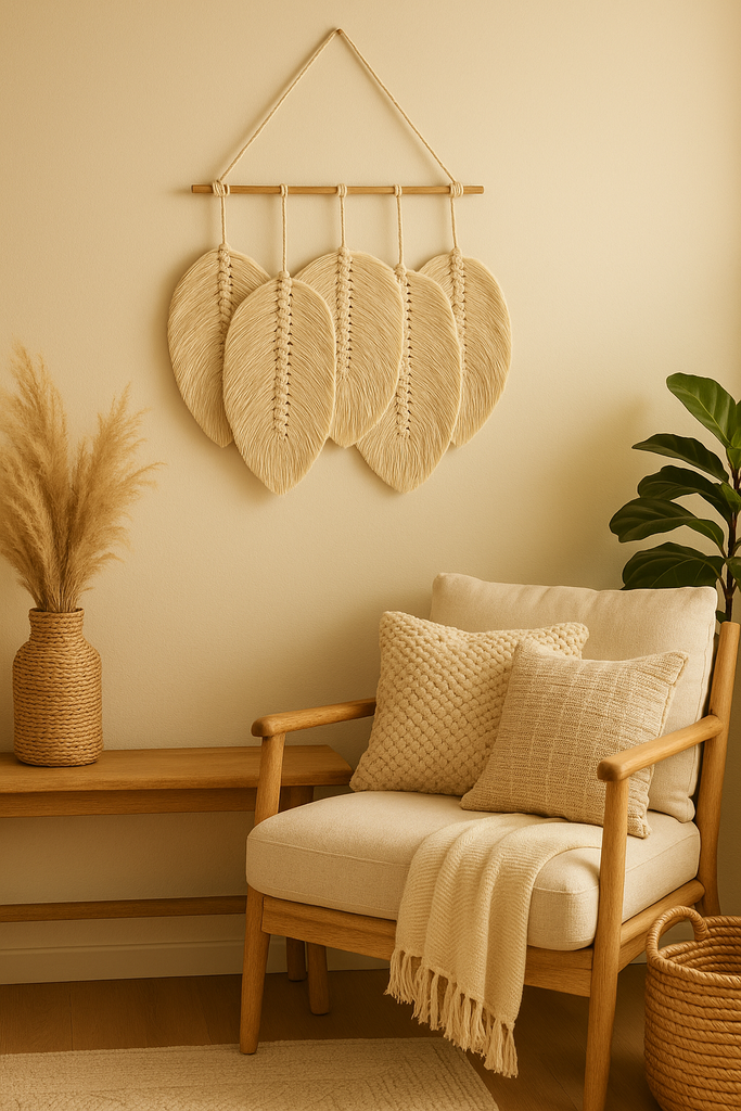 Feathered macrame wall hanging with leaf-shaped knots – handmade boho cotton decor for bedroom or living room

