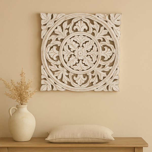 Ivory Wall Medallion | Vintage Carved MDF Boho Decor