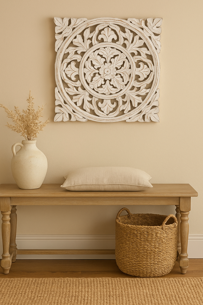 Ivory medallion wall plaque with floral carving and distressed finish – boho vintage decor for hallway or bedroom wall
