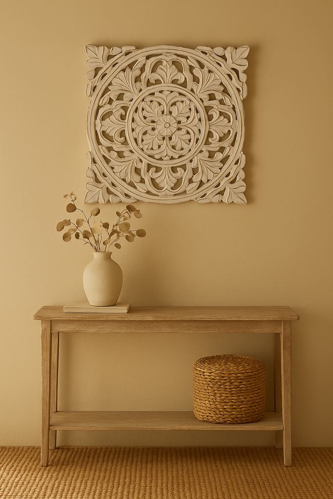 Ivory medallion wall plaque with floral carving and distressed finish – boho vintage decor for hallway or bedroom wall