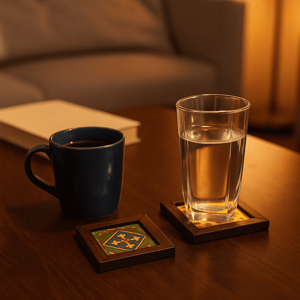 Hand Painted Leather Coasters | Framed Parchment Set of 2