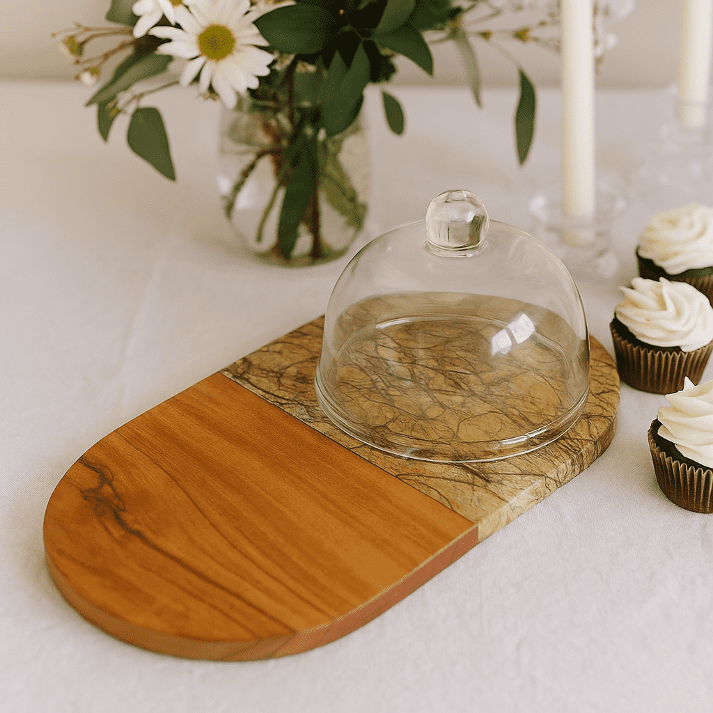 Marble &amp; Wood Capsule-Shaped Cake Platter With Glass Dome