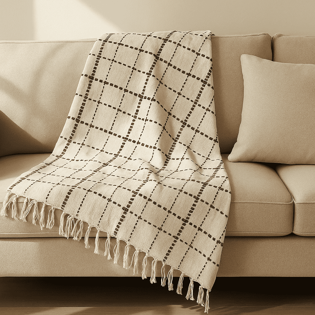 Neutral Checkered Cotton Throw with Tassels – Handwoven