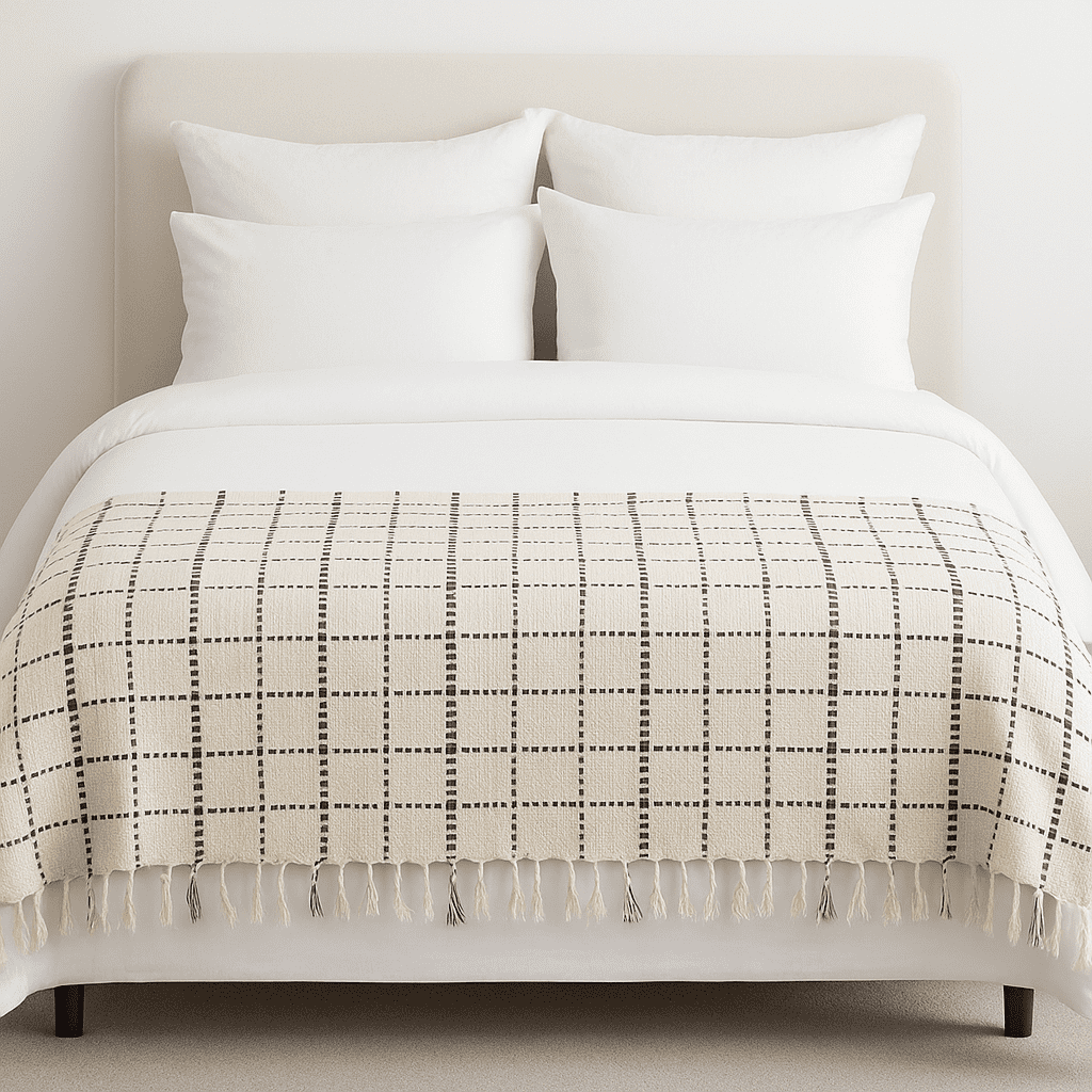 Neutral Checkered Cotton Throw with Tassels – Handwoven