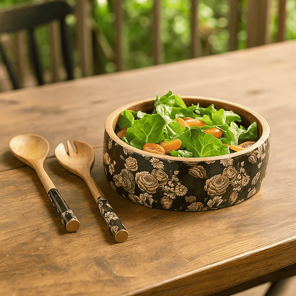 Vintage Rose Salad Bowl with Servers set – Hand-Carved