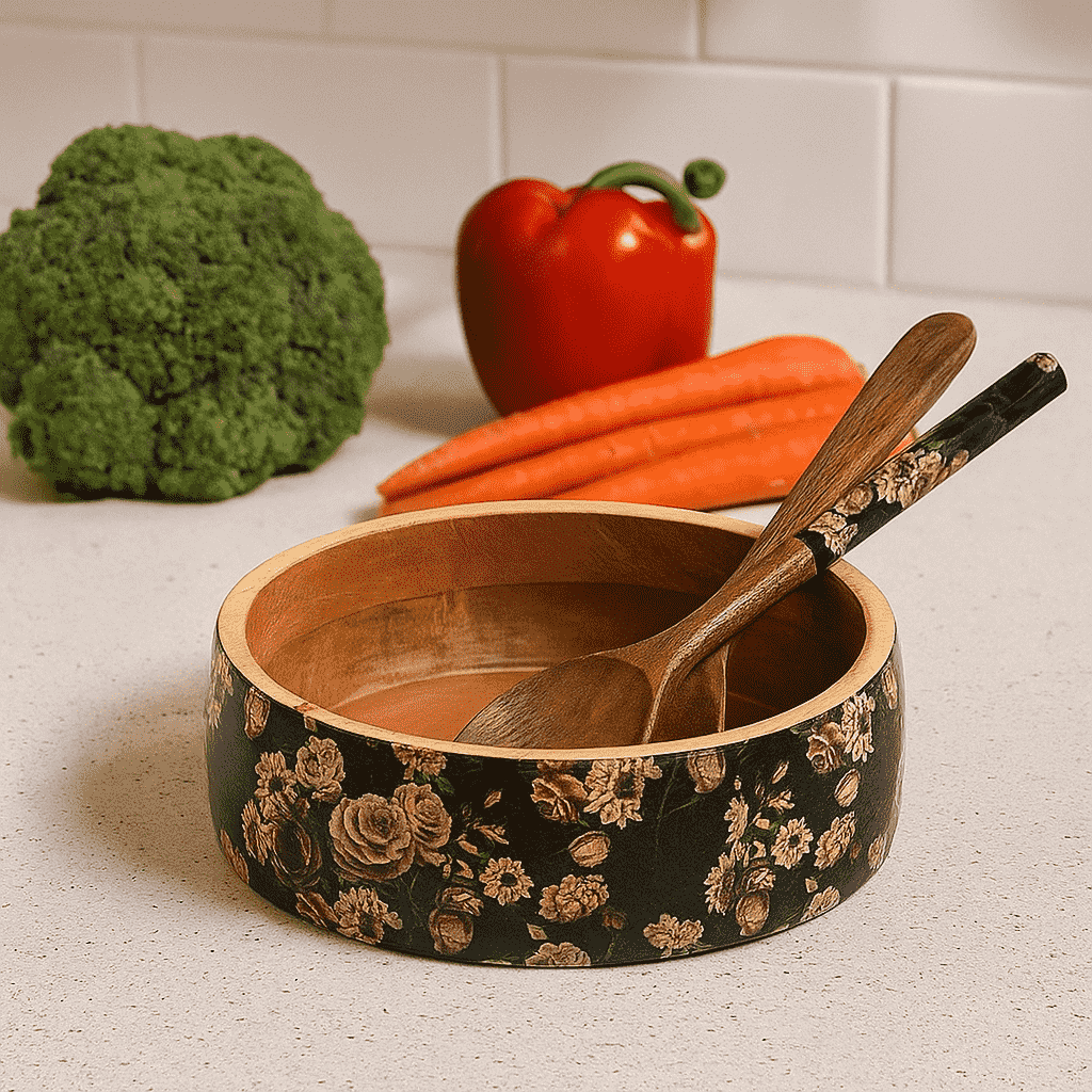 Vintage Rose Salad Bowl with Servers set – Hand-Carved
