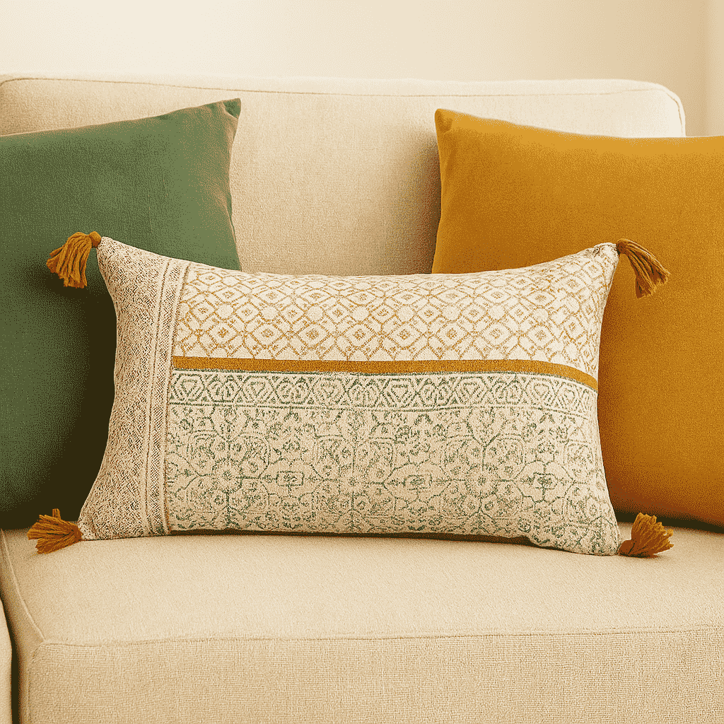 Block Printed Floral Tasseled Lumbar Cotton Cushion Cover