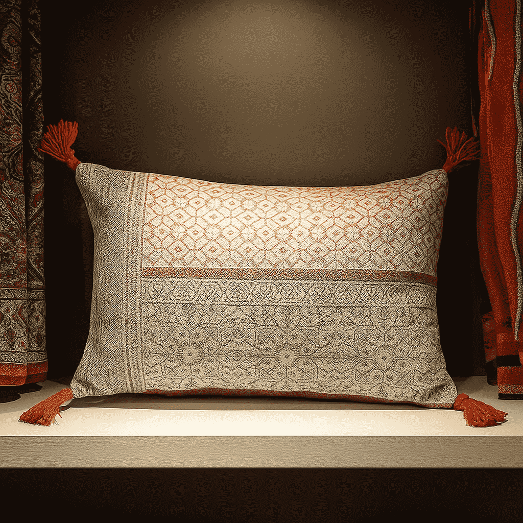 Block Printed Floral Tasseled Lumbar Cotton Cushion Cover