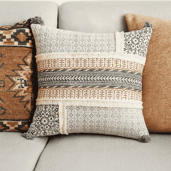 Bold Maximal Cushion Cover | Block Printed Cotton Tassel Boho Decor