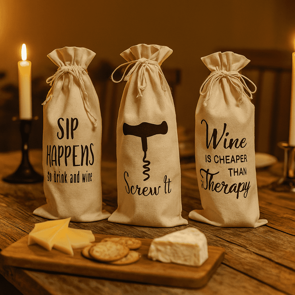 Typographic Canvas Wine Bags – Eco-Friendly Set of 3