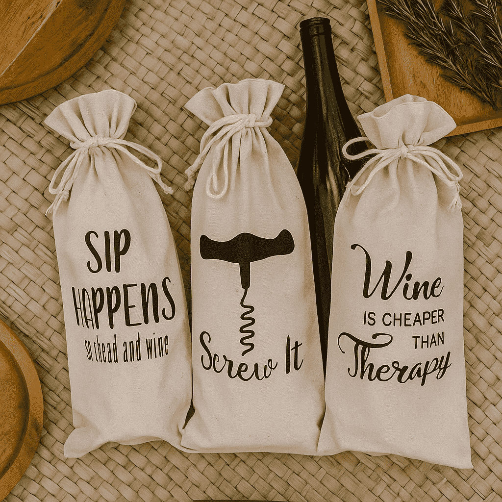 Typographic Canvas Wine Bags – Eco-Friendly Set of 3
