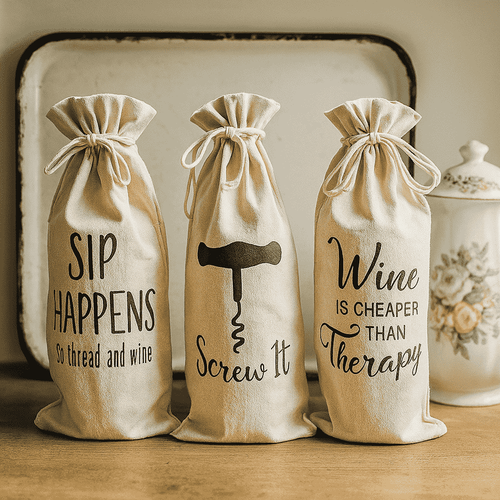 Typographic Canvas Wine Bags – Eco-Friendly Set of 3