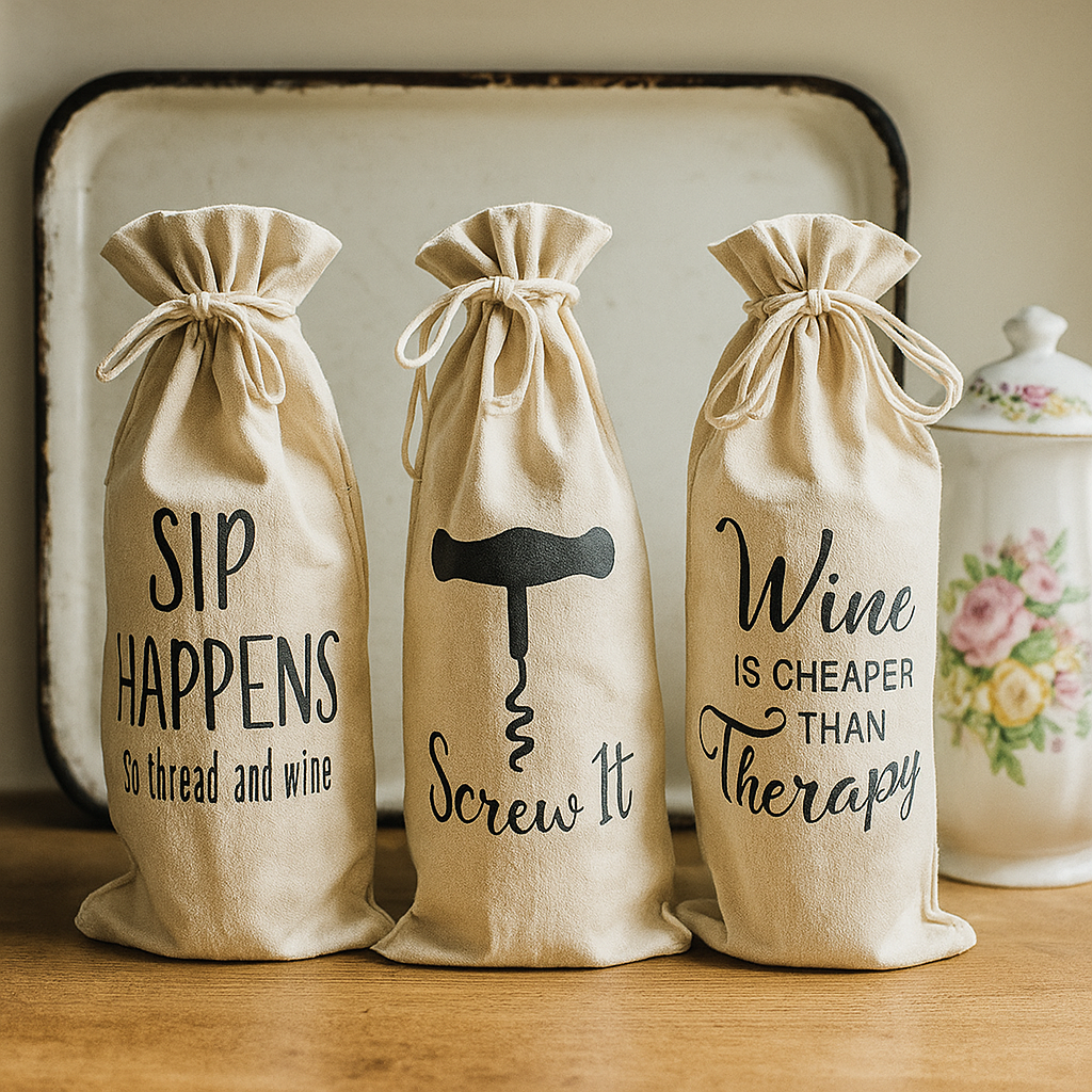 Typographic Canvas Wine Bags – Eco-Friendly Set of 3