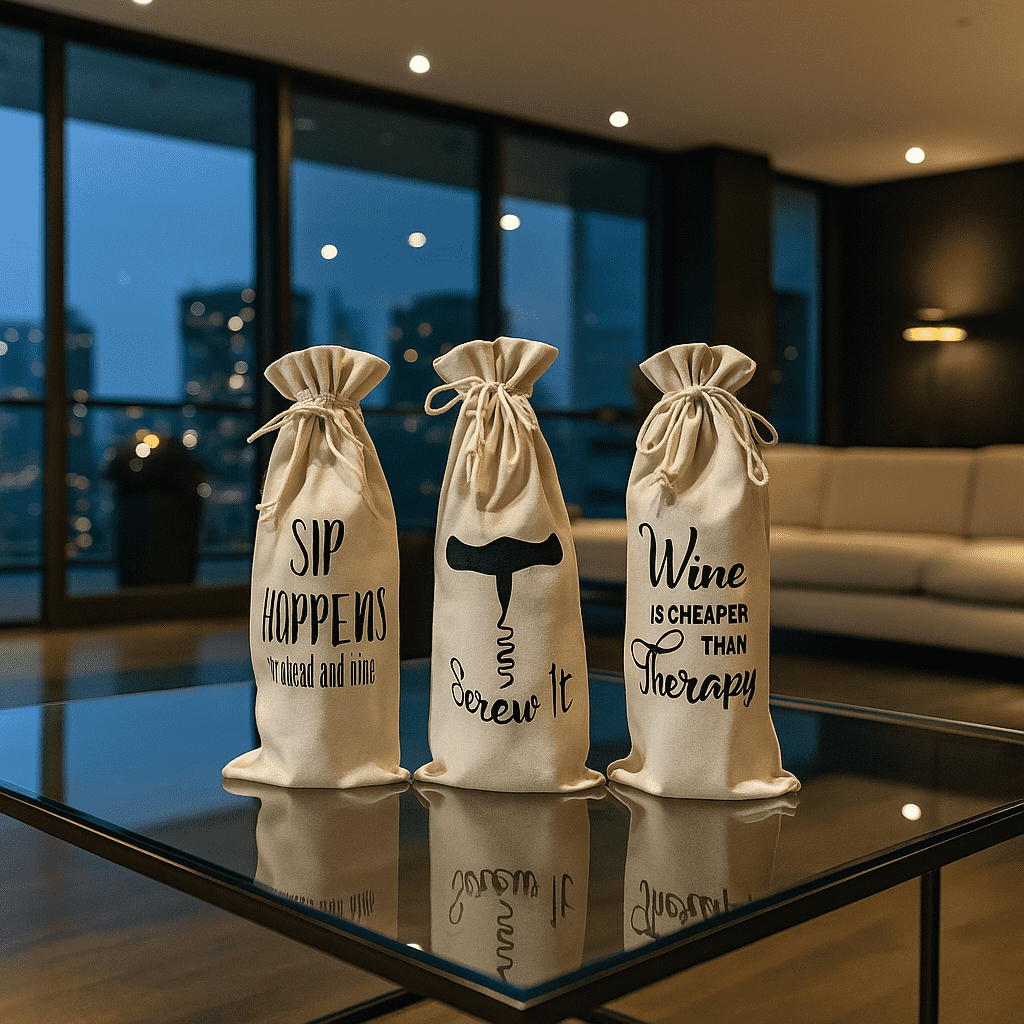 Typographic Canvas Wine Bags – Eco-Friendly Set of 3