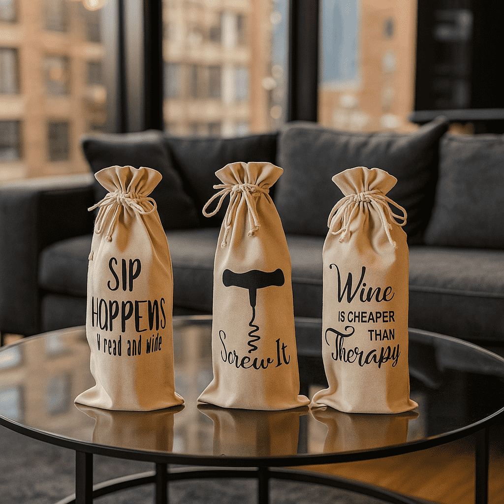 Typographic Canvas Wine Bags – Eco-Friendly Set of 3