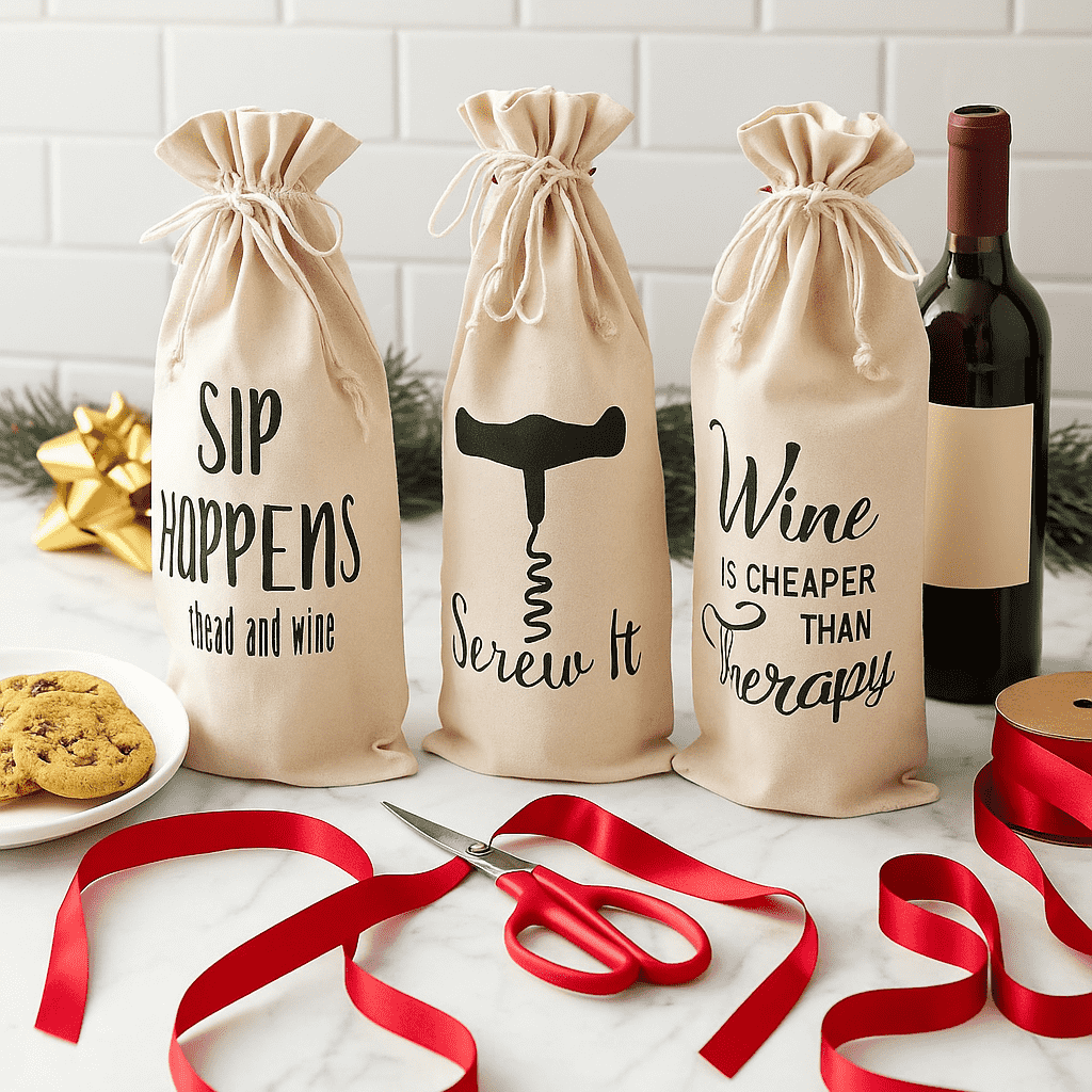 Typographic Canvas Wine Bags – Eco-Friendly Set of 3